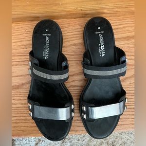Aquatalia Black and Silver Sandals